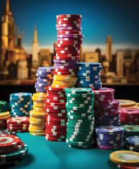 A stack of casino chips on the poker table, generative AI