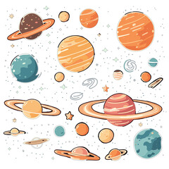 Set of Hand drawn Cosmic Ballet of Planets and Stars, Space Collections
