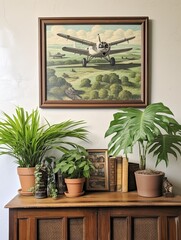 Vintage Aviation Prints: Framed Propeller Planes, Beach Scene Painting, Old World Charm