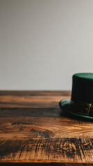 Saint Patricks Day hat on table, irish holiday traditional lucky symbol leprechaun green color hat costume element festive carnival party lucky clover background. Happy St Patrick Day concept .