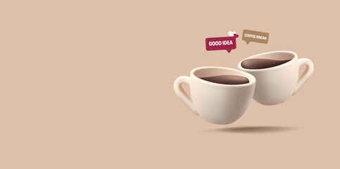 Two ceramic cups with coffee. 3D. For advertising concepts of hot drinks, rest breaks. Vector