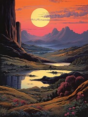 Vintage Space Exploration Posters: Twilight Landscape, Sunset Over Alien World