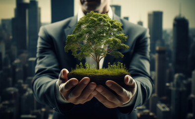 A businessman holding a tree against the backdrop of New York skyscrapers, reflecting the company's commitment to environmental care, generative AI