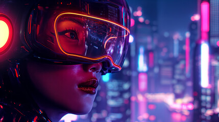 A closeup of a gamer in a VR helmet, facial expressions illuminated by neon light