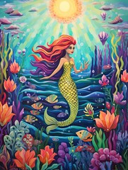 Whimsical Mermaid Sketches: Beach Scene Painting featuring a Shoreline Mermaid
