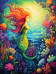 Whimsical Mermaid Sketches: Acrylic Landscape Art in Vibrant Sea Colors