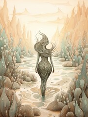 Whimsical Mermaid Sketches: Desert Landscape Art with Sandy Ocean Bottom