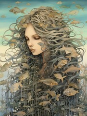 Whimsical Mermaid Sketches: Pastel Landscape, Soft-toned Sea Beauty.