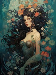 Whimsical Mermaid Sketches: Vintage Painting of Underwater Beauty