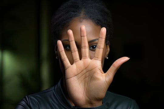 Close up focus of African American woman show palm hand against racial gender discrimination. Determined mixed race female make sign gesture protest against domestic violence or abortion