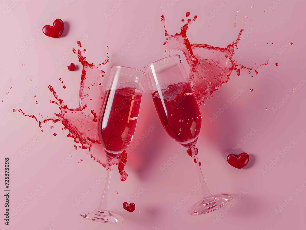 Wall mural happy celebration with two glasses of champagne or wine on pink background, decorated with small red