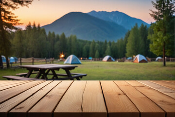 Empty wooden table with blurred evening campsite in the background, for product display