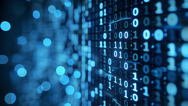 Binary data over a blue background with blurry pixels, featuring a bokeh effect. The illustration showcases blue digital binary code on a computer screen, creating a technological and abstract visual.