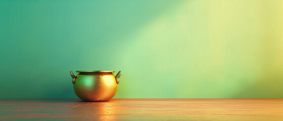Golden pot on wooden table with green and blue gradient background .