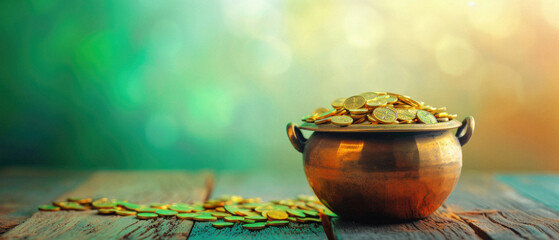 Saint Patricks Day pot with gold coins and four leaf clovers money rich leprechaun treasure on...