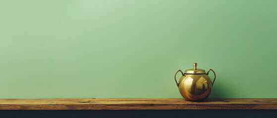 Golden teapot on wooden table and green wall background with copy space