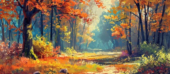 Autumnal forest landscape with colorful leaves.