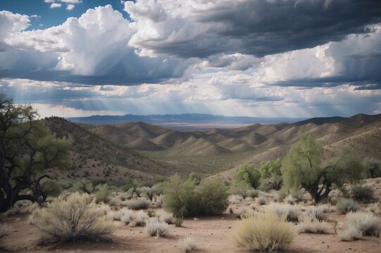 Beautiful view of Clouds over desert landscape in Gila National Forest, Santa Fe, New Mexico, USA