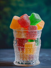 colorful gummy candy in a glass vase with lacey background