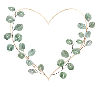 Heart-shaped rose gold frame. Watercolor floral wreath made of green eucalyptus branches. Botanical illustration. PNG clipart.