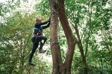 Extreme sports, high up. Man is doing climbing in the forest by use of safety equipment