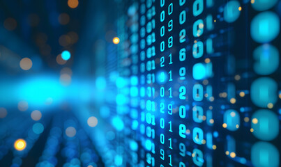 Obraz premium Binary data over a blue background with blurry pixels, featuring a bokeh effect. The illustration showcases blue digital binary code on a computer screen, creating a technological and abstract visual.