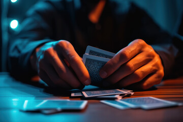 Close-up of hands skillfully handling playing cards, with a moody, dimly lit ambiance. - obrazy, fototapety, plakaty