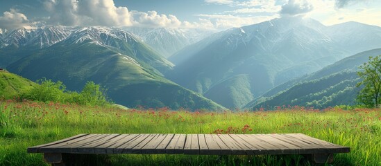 Scenic summer scene of the Caucasus mountains and a vacant wooden table amidst natural surroundings.