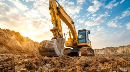 A large construction excavator of yellow color on construction site in quarry for quarrying. Industrial image. Excavator with Bucket lift up digging the soil in the construction site on sky background