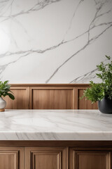 Frontal view of empty podium counter wood background kitchen board desk restaurant top white light marble presentation interior