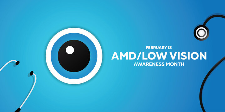 AMD Low vision awareness month. With vector illustration of eye and stestopskop. Banners, cards, posters, social media and more. Blue Background