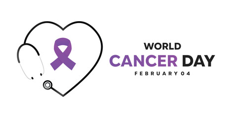 World Cancer Day is celebrated every year on February 4. With ribbon and stestopscope vector illustration. Banner, card, poster, social media and more. White background