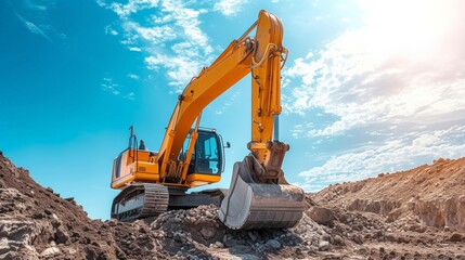 A large construction excavator of yellow color on construction site in quarry for quarrying. Industrial image. Excavator with Bucket lift up digging the soil in the construction site on sky background