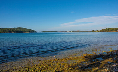 The coast of the Kasteja Forest Park - Park Suma Kasteja - in Medulin, Istria, Croatia. Premantura peninsula is in the background. December