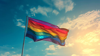 Gay flag against sky background
