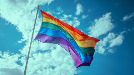Gay flag against sky background