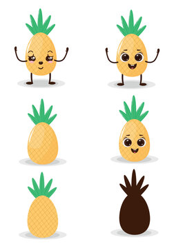 Set of cartoon cute pineapple character