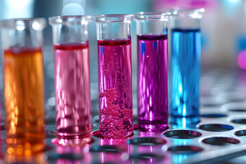 Laboratory test tubes filled with various liquids - obrazy, fototapety, plakaty