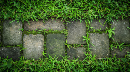 Fototapeta premium Green grass and moss growing between old paving stones.