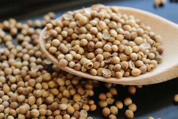 Coriander seeds in a spoon