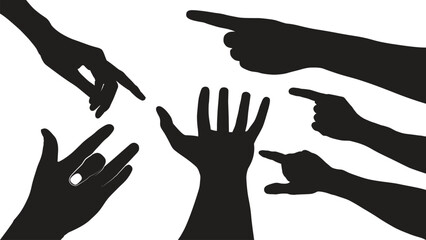 set of hand silhouettes isolated on white, Vector collection of human hands of different gestures, hands gesturing black, Black hands silhouettes, vector illustration