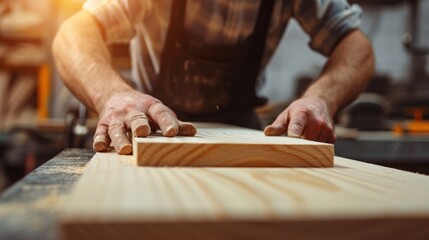 man owner a small furniture business is preparing wood for production. carpenter male is adjust wood to the desired size. architect, designer, Built-in, professional wood, craftsman, workshop..