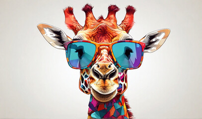 Cartoon colorful giraffe with sunglasses on white background. Created with generative AI