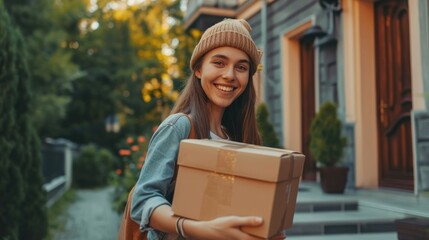 Happy smiling woman receives boxes parcel from courier in front house. Delivery man send deliver express. online shopping, paper containers, takeaway, postman, delivery service, packages..