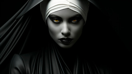 Gothic Nun in Black and White with Striking Yellow Eyes. Horror, Mystery and Supernatural Concept. - obrazy, fototapety, plakaty