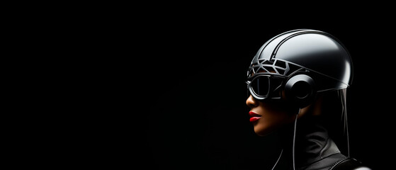 Beautiful Woman in Aviator Helmet with Headphones and Goggles. Copy Space. Fashion, Adventure and Vintage Style.
