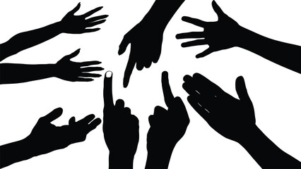 set of hand silhouettes isolated on white, Vector collection of human hands of different gestures, hands gesturing black, Black hands silhouettes, vector illustration