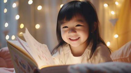 Happy children relax read book at home. Child and reading a story. learn development, childcare, laughing, education, storytelling, practice, reduce addiction mobile phone, love book