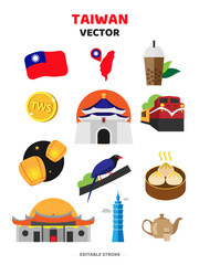 Travel Taiwan flat icons set. Taiwanese element icon map and landmarks symbols and objects and cuisine collection vector Illustration.	
