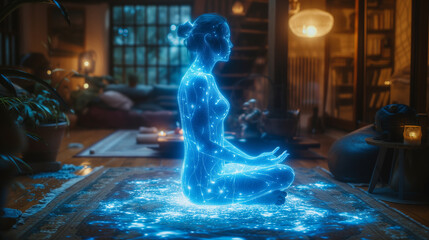Tech Meet Comfort: cozy home interior comes alive with presence of glowing holographic human figure - obrazy, fototapety, plakaty